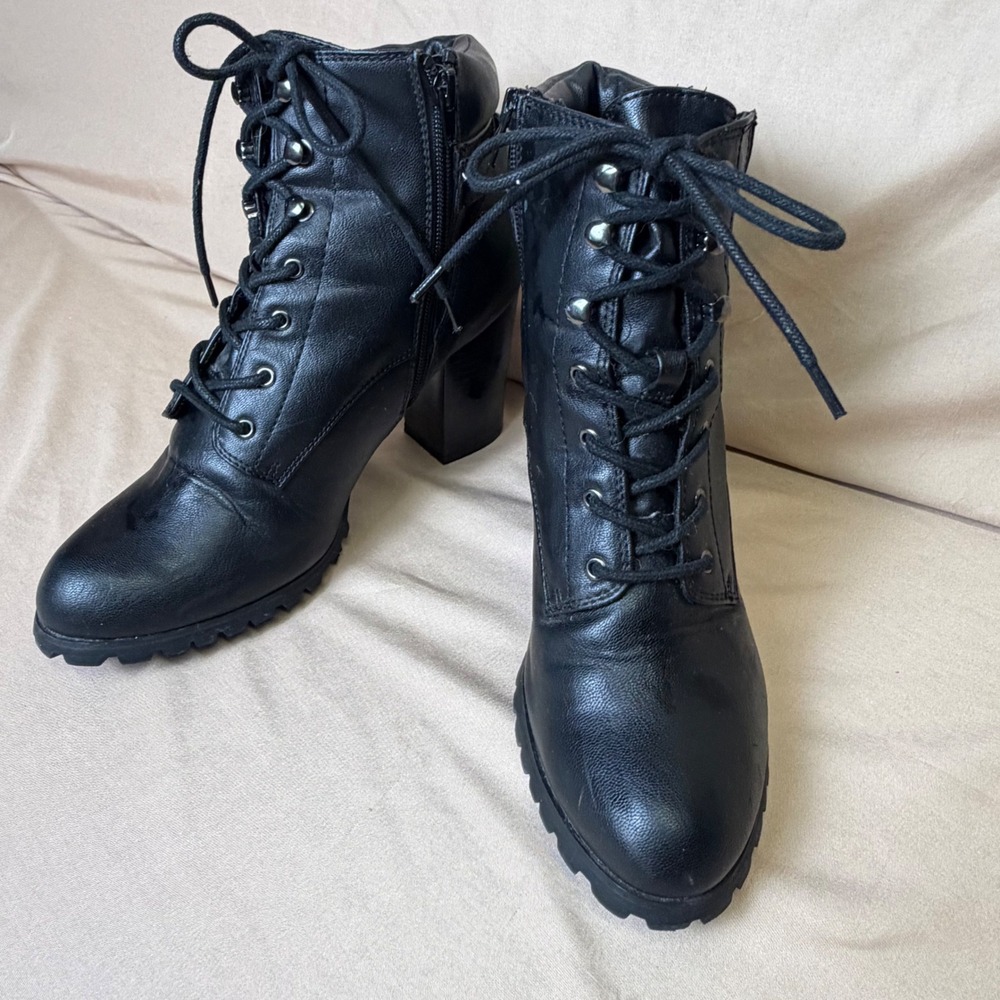 Style & Co Caitlin Black Lace Up Ankle Boots Block Heel Side Zip Womens 8.5M